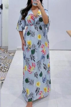 Stylish Slight Stretch Leaf & Floral Printing Deep-v Loose Maxi Dress Wholesale