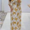 Stylish Slight Stretch Leaves Batch Printing Deep-v Loose Maxi Dress Wholesale