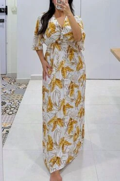 Stylish Slight Stretch Leaves Batch Printing Deep-v Loose Maxi Dress Wholesale