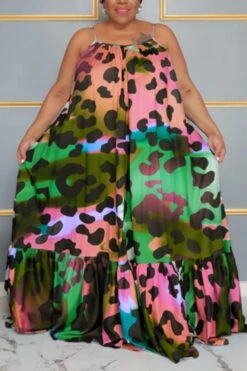 Stylish Plus Size Non-stretch Sling Batch Printing Loose Maxi Dress(only Dress) Wholesale