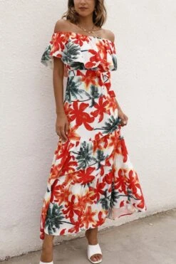 Bohemian Plus Size Non-stretch Flower Printing Ruffle Maxi Dress With Belt Wholesale Maxi&Gown