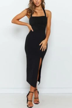 Sexy Solid Color Stretch Halter-neck Backless Slit Midi Dress Wholesale Sexy Dresses