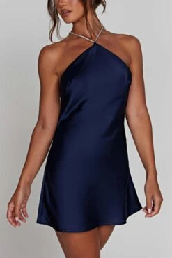 Sexy Non-stretch Satin Solid Color Rhinestone Hater-neck Mini Dress Wholesale