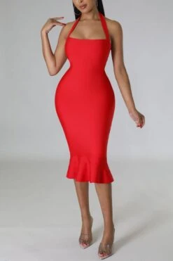 Sexy Plus Size 5 Colors Stretch Halter-neck Backless Slim Mermaid Midi Dress Wholesale