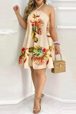 Sexy Plus Size Slight Stretch Leaf Batch Printing Halter-neck Mini Dress Wholesale