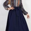Casual Plus Size Non-stretch Patchwork Printing Belt Loose Midi Dress Wholesale Midi Dresses