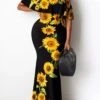 Sexy Plus-size Sunflower Batch Printing Off The Shoulder Maxi Dress(no Mask) Wholesale