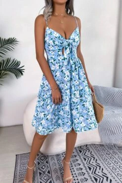 Sexy Floral Batch Printing Non-stretch Hollow Lace-up Sling Midi Dress Wholesale Floral Dresses