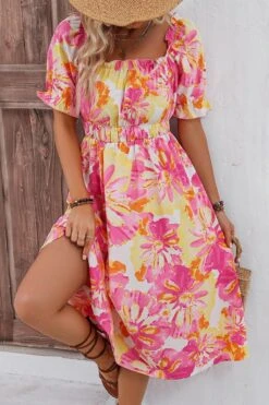 Casual Slight Stretch Flower Batch Printing Square Neck Midi Dress Wholesale