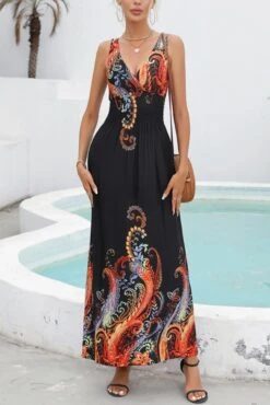 Casual Plus Size Slight stretch Paisley Printing V Neck Maxi Dress Wholesale Maxi&Gown