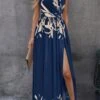 Sexy Plus Size Floral Print Non-stretch Hollow One Shoulder Slit Maxi Dress Size Run Small#1 (AA011589) Wholesale Plus-Size Dresses
