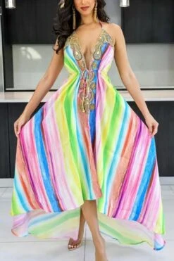 Stylish Plus Size Non-stretch Halter Neck Multicolor Stripes Backless Maxi Dress Wholesale Plus-Size Dresses