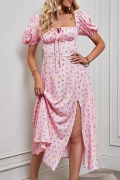 Casual Non-stretch Floral Batch Printing Square Neck Slit Midi Dress#2 Wholesale Casual Dresses