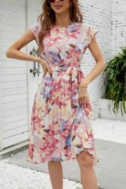 Casual Non-stretch Flower Batch Printing Crew Neck With Belt Midi Dress Wholesale Casual Dresses