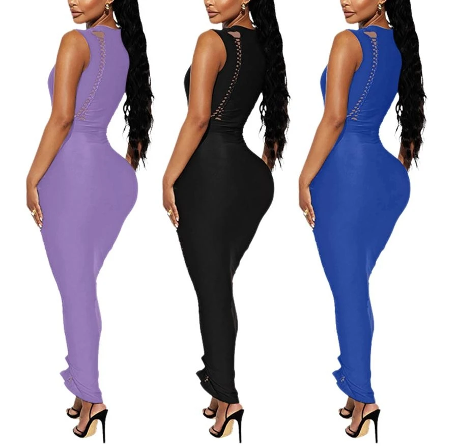 Sexy Plus Size Slight stretch Solid Color Slim Hollow Sleeveless Maxi Dress Wholesale - Image 11