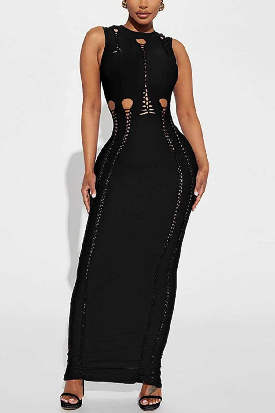 Sexy Plus Size Slight stretch Solid Color Slim Hollow Sleeveless Maxi Dress Wholesale - Image 5