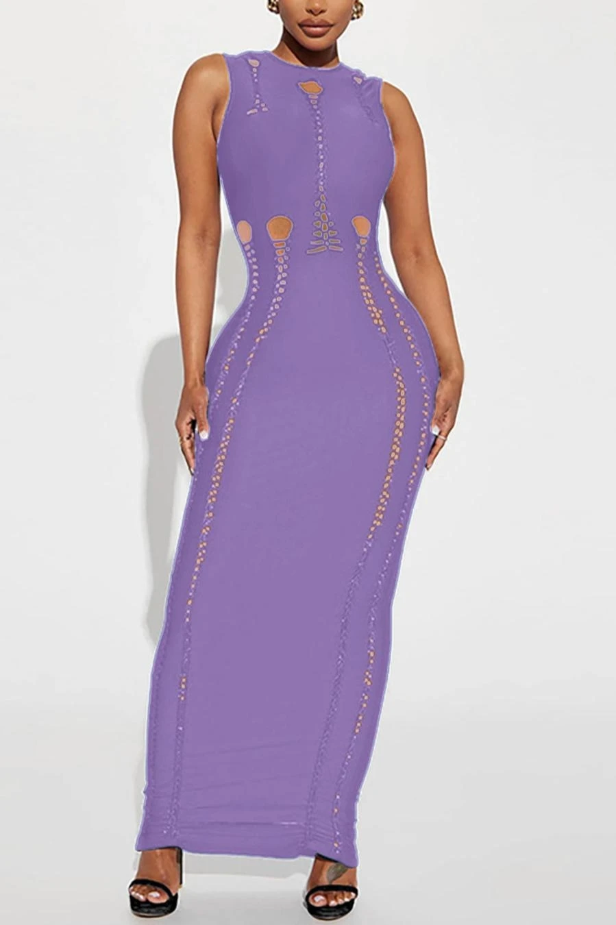 Sexy Plus Size Slight stretch Solid Color Slim Hollow Sleeveless Maxi Dress Wholesale - Image 8