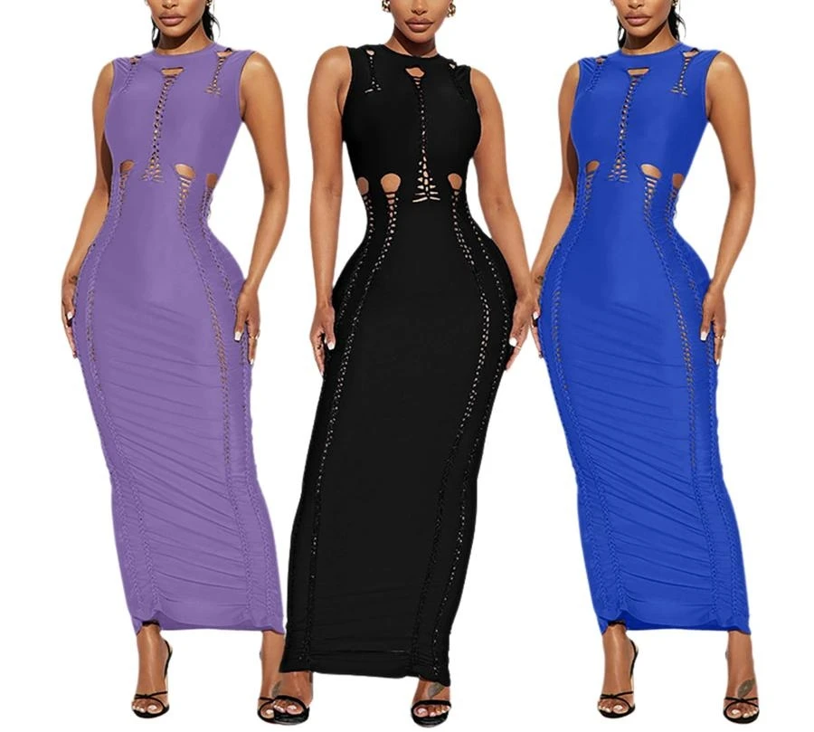 Sexy Plus Size Slight stretch Solid Color Slim Hollow Sleeveless Maxi Dress Wholesale - Image 10