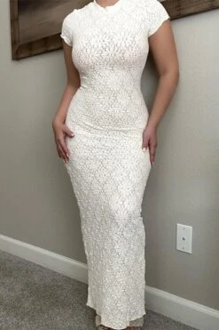 Sexy Slight Stretch See-through Crew Neck Slit Maxi Dress Wholesale