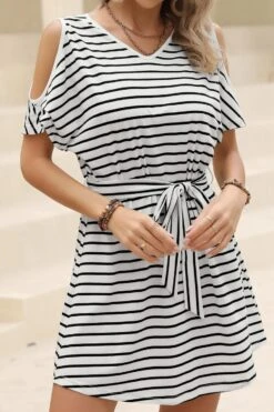 Casual Plus Size Slight Stretch Stripe Printing Hollow With Belt Mini Dress Wholesale Mini Dresses