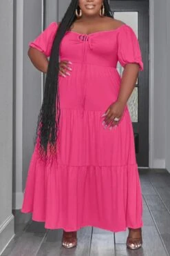 Casual Plus Size Non-stretch Solid Color Drawstring Zip-up Loose Maxi Dress Wholesale