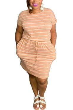 Casual L-4xl Plus Size Stripe Printing Slight Stretch Pocket Loose Mini Dress Wholesale Mini Dresses