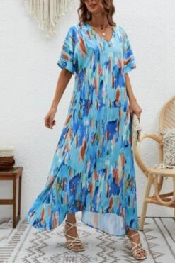 Bohemian Non-stretch 3 Colors Tie Dye V-neck Loose Maxi Dress Wholesale