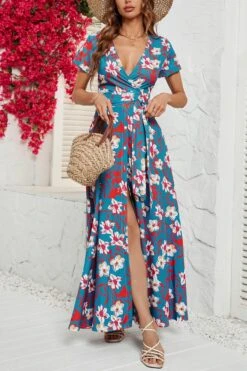 Bohemian Non-stretch Floral Batch Print V-neck High Split Maxi Dress With Belt Wholesale Sexy Dresses