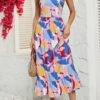 Bohemian Non-stretch Flower Batch Printing Tie Shoulder Zip-up Midi Dress Wholesale