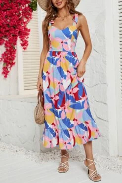 Bohemian Non-stretch Flower Batch Printing Tie Shoulder Zip-up Midi Dress Wholesale