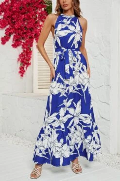 Bohemian Non-stretch Flower Batch Printing Sleeveless Maxi Dress With Belt Wholesale Floral Dresses