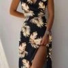 Sexy Plus Size Non-stretch Leaf Printing Sling Zip-up Slit Maxi Dress Wholesale