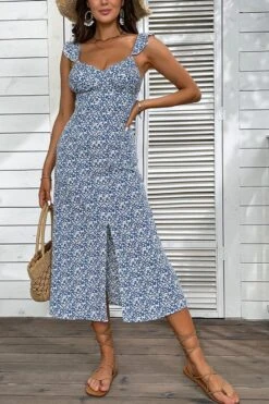 Sexy Non-stretch Slit Ruffle Flower Midi Dress Wholesale