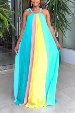 Stylish Non-stretch Chiffon Contrast Color Loose Sling Pleated Maxi Dress Wholesale