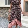 Casual Non-stretch Button Flower Slit Off The Shoulder Midi Dress Wholesale Casual Dresses
