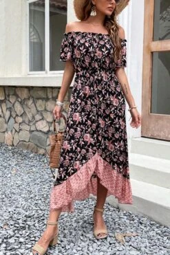 Casual Non-stretch Button Flower Slit Off The Shoulder Midi Dress Wholesale Casual Dresses