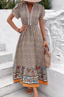 Casual Non-stretch Lace Decor Flower Batch Printing Maxi Dress Wholesale Maxi&Gown
