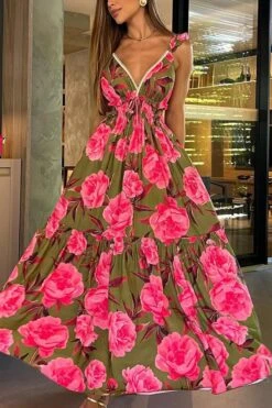 Bohemian Slight Stretch Floral Printing Deep V Ruffle Backless Maxi Dress Wholesale