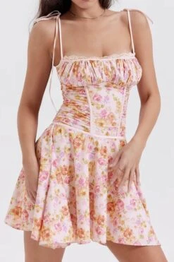 Sexy Non-stretch Floral Print Lace Decor Mini Dress(with Lined,size Run Small) Wholesale