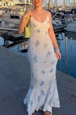 Bohemian Slight Stretch Floral Printing Backless Sling Maxi Dress Wholesale Sexy Dresses