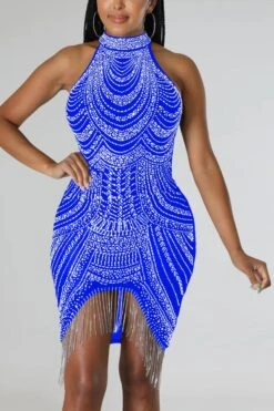 Sexy Plus-size Slight Stretch Rhinestone Slim Tassel Mini Dress Wholesale