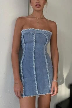Sexy Slight Stretch Raw Edge Denim Fabric Slim Mini Dress Wholesale