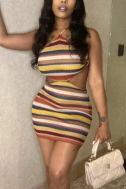 Sexy Slight Stretch Stripe Knitted Hollow Lace-up Bodycon Mini Dress Wholesale Bodycon Dresses