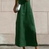 Casual Non-stretch Cotton Linen Fabric Pure Color Slit Side Midi Dress Wholesale Midi Dresses