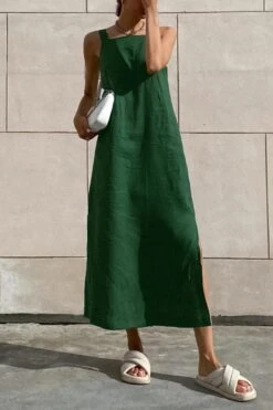 Casual Non-stretch Cotton Linen Fabric Pure Color Slit Side Midi Dress Wholesale Midi Dresses