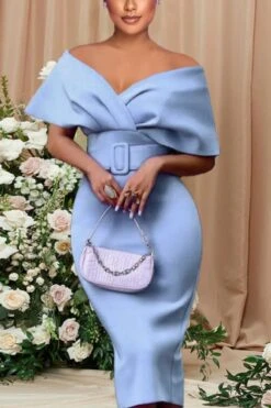 Sexy Plus Size Slight Stretch Off Shoulder Solid Color With Belt Midi Dress Wholesale Sexy Dresses
