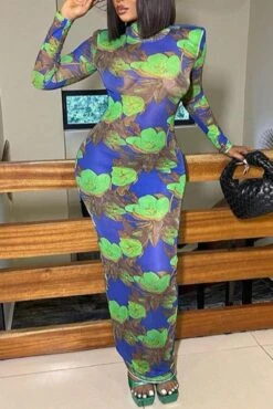 Sexy Slight stretch Flower Printing Mesh See-through Shoulder Pad Maxi Dress Wholesale Floral Dresses