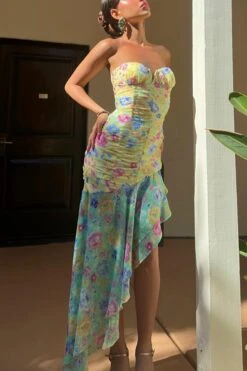 Sexy Slight Stretch Flower Batch Printing Tube Design Irregular Hem Maxi Dress Wholesale