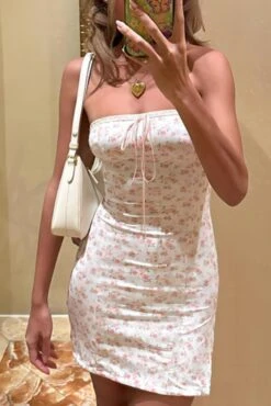 Sexy Slight Stretch Floral Batch Printing Tube Design Lace-up Slit Mini Dress Wholesale