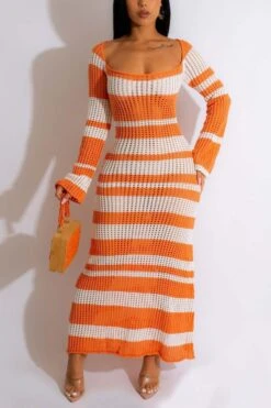 Sexy Slight Stretch Cut Out Stripe Knitted 2 Colors Square-neck Maxi Dress Wholesale